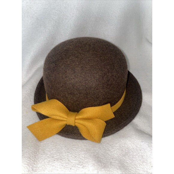 Accessories - Adora 100% Wool Womens Hat Brown Yellow Bow One Size Fedora Bowler Cloche Derby